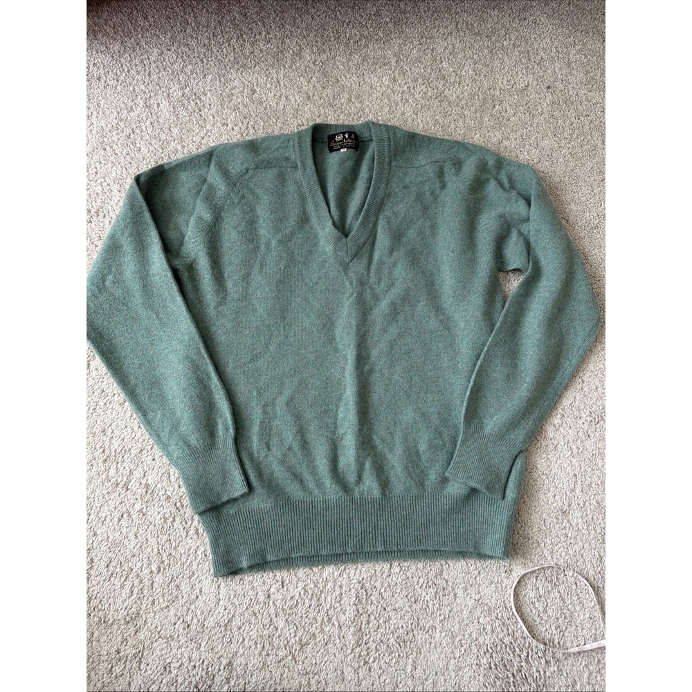 Snow Lotus Sweater Mens 38 Small Green 100% Cashmere V-Neck Pullover Soft